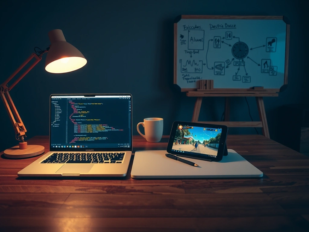 Studio workspace with game design tools