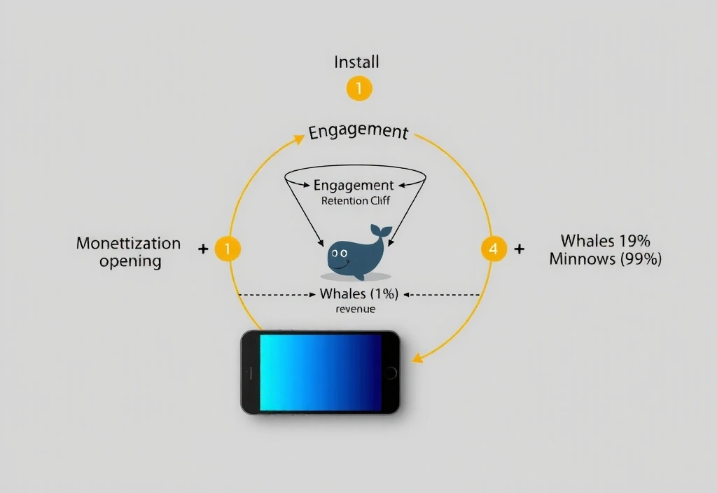 Annotated monetization funnel diagram showing the 72-hour retention cliff and the whale/minnow split.
